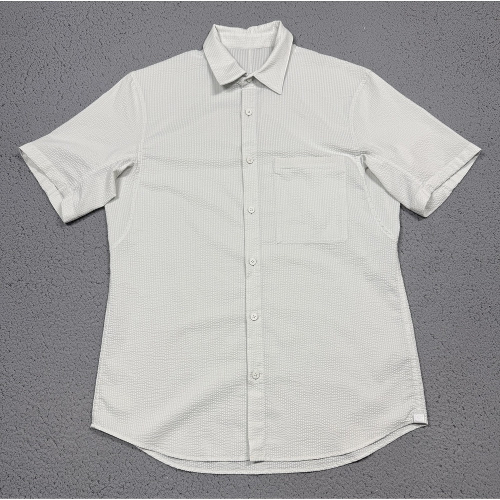 Lululemon Shirt Mens Medium White Textured Short Sleeve Button Up Casual Woven